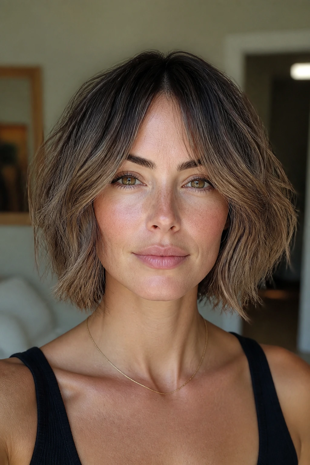 Real woman with shattered bob and curtain bangs in a close-up portrait