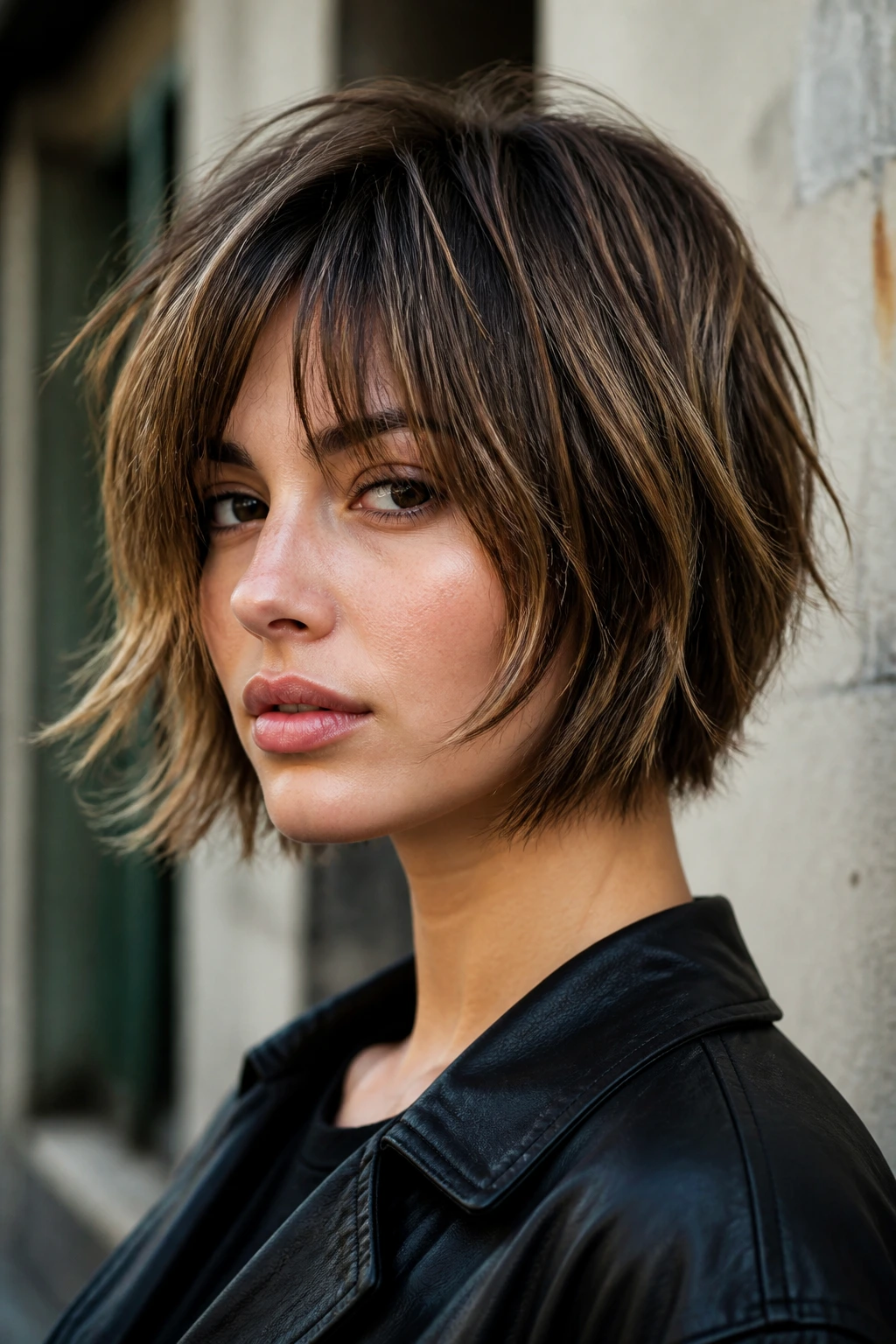 Portrait of a woman with a shattered bob and piecey layers