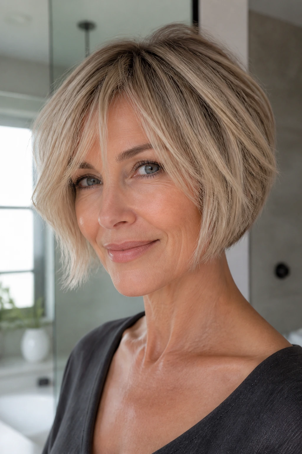Close-up portrait of a real woman with a shattered bob for thin hair