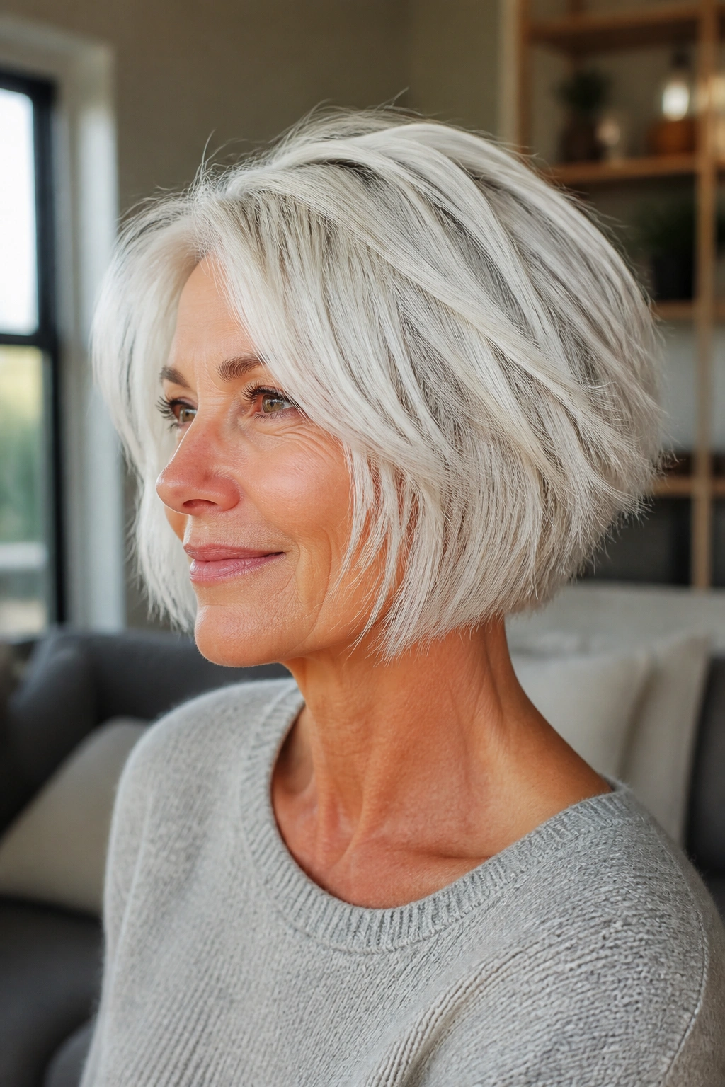 Close-up portrait of a real woman with a textured white shattered bob in natural light