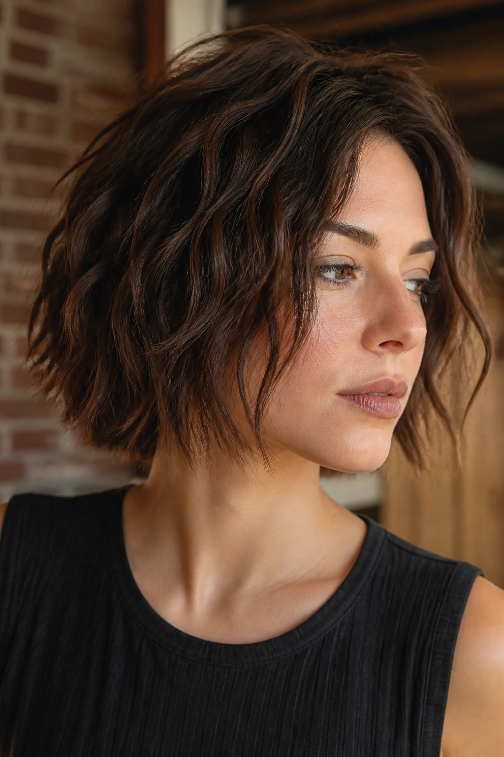 Close-up of real woman with shattered crinkle bob and piecey ends in a warm-wood urban loft.