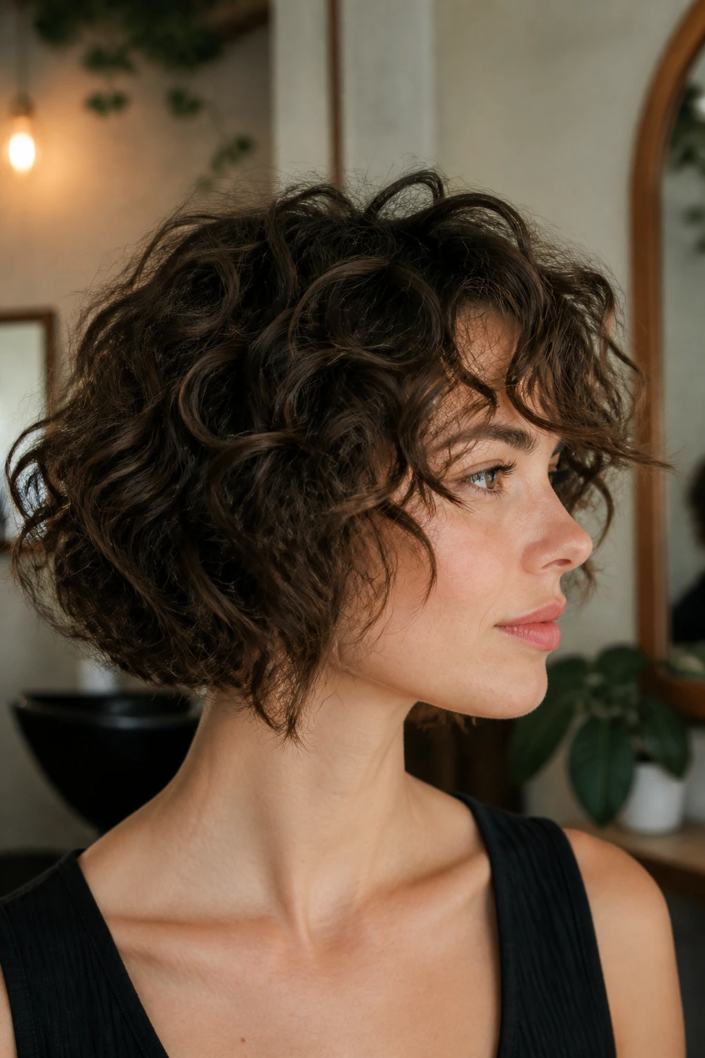 Real woman with shattered curly bob and piecey ends in cozy salon