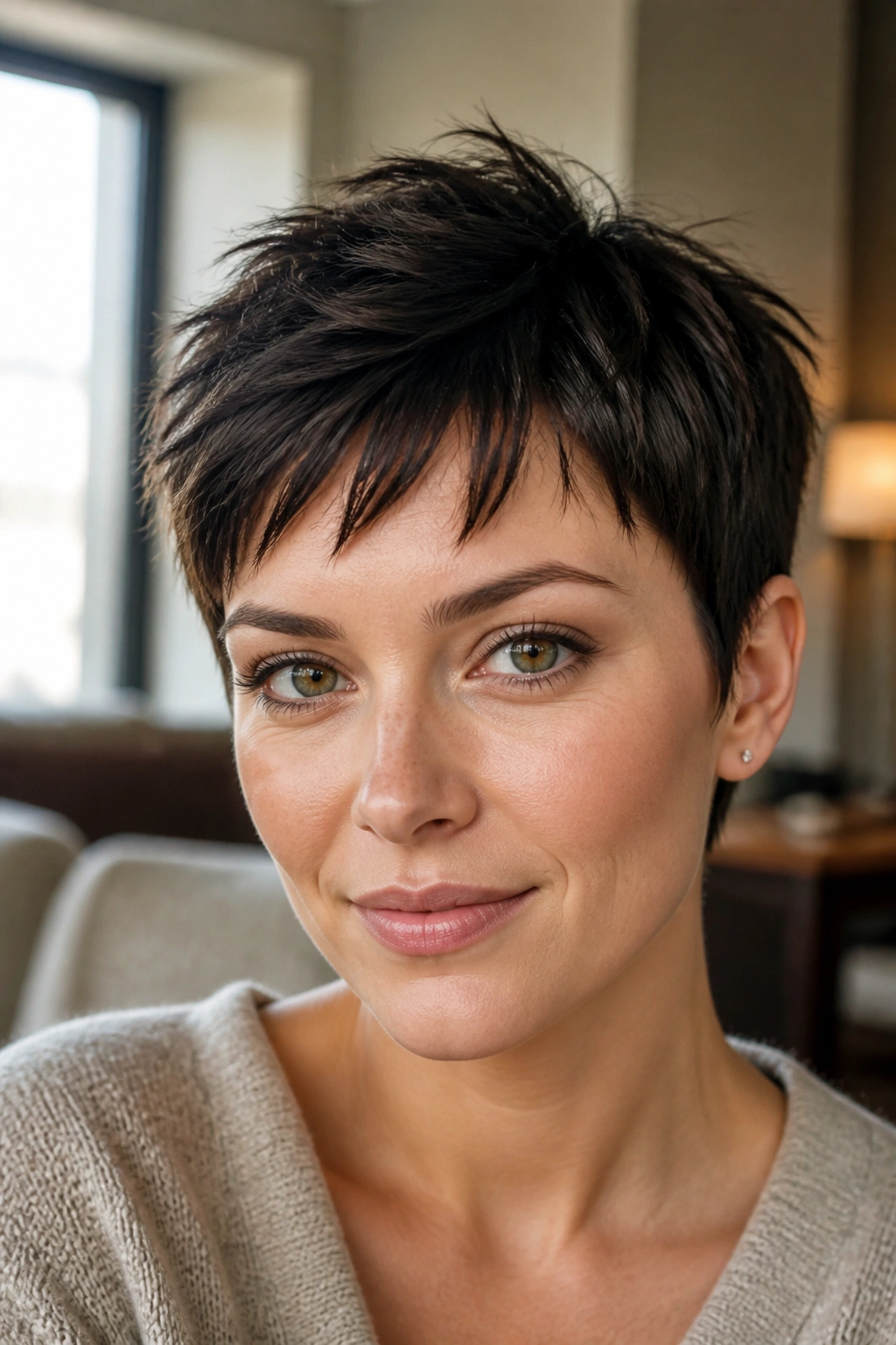 Close-up of a real woman with shattered fringe pixie under warm indoor lighting.