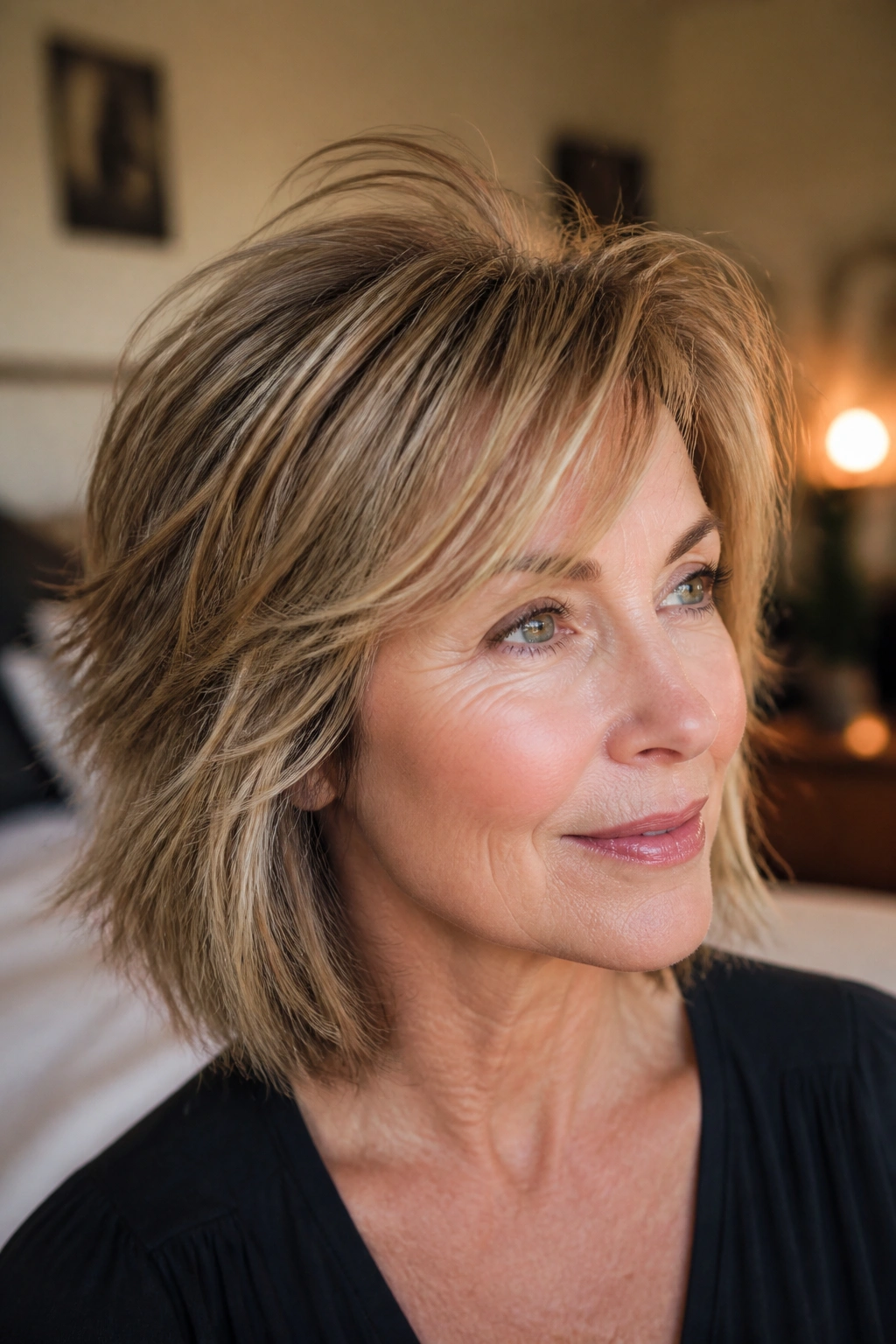 Portrait of a real woman with thin hair showing shattered layers for lift and texture.