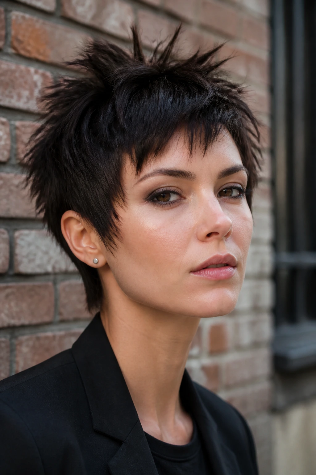 Real woman with a shattered pixie hairstyle, jagged textured ends