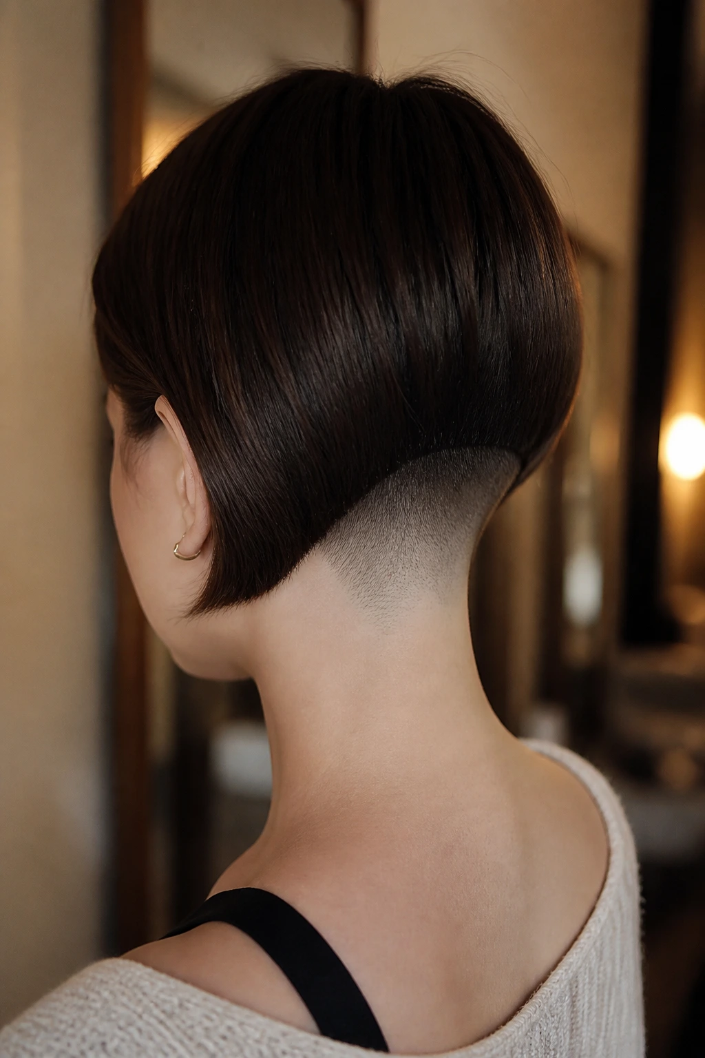 Back-of-head view of a real person with shaved-nape undercut and bob