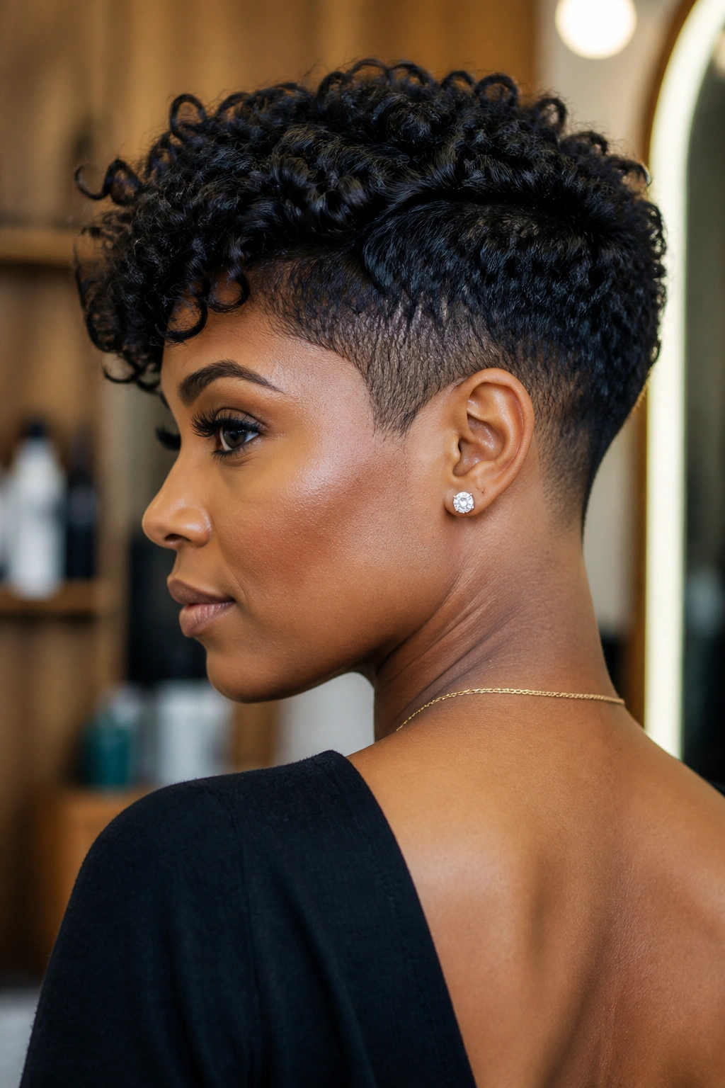 Close-up of a real Black woman with a pixie cut and shaved nape.