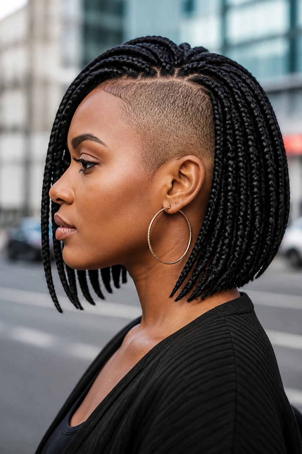 Profile view of a real woman with a shaved side braided bob