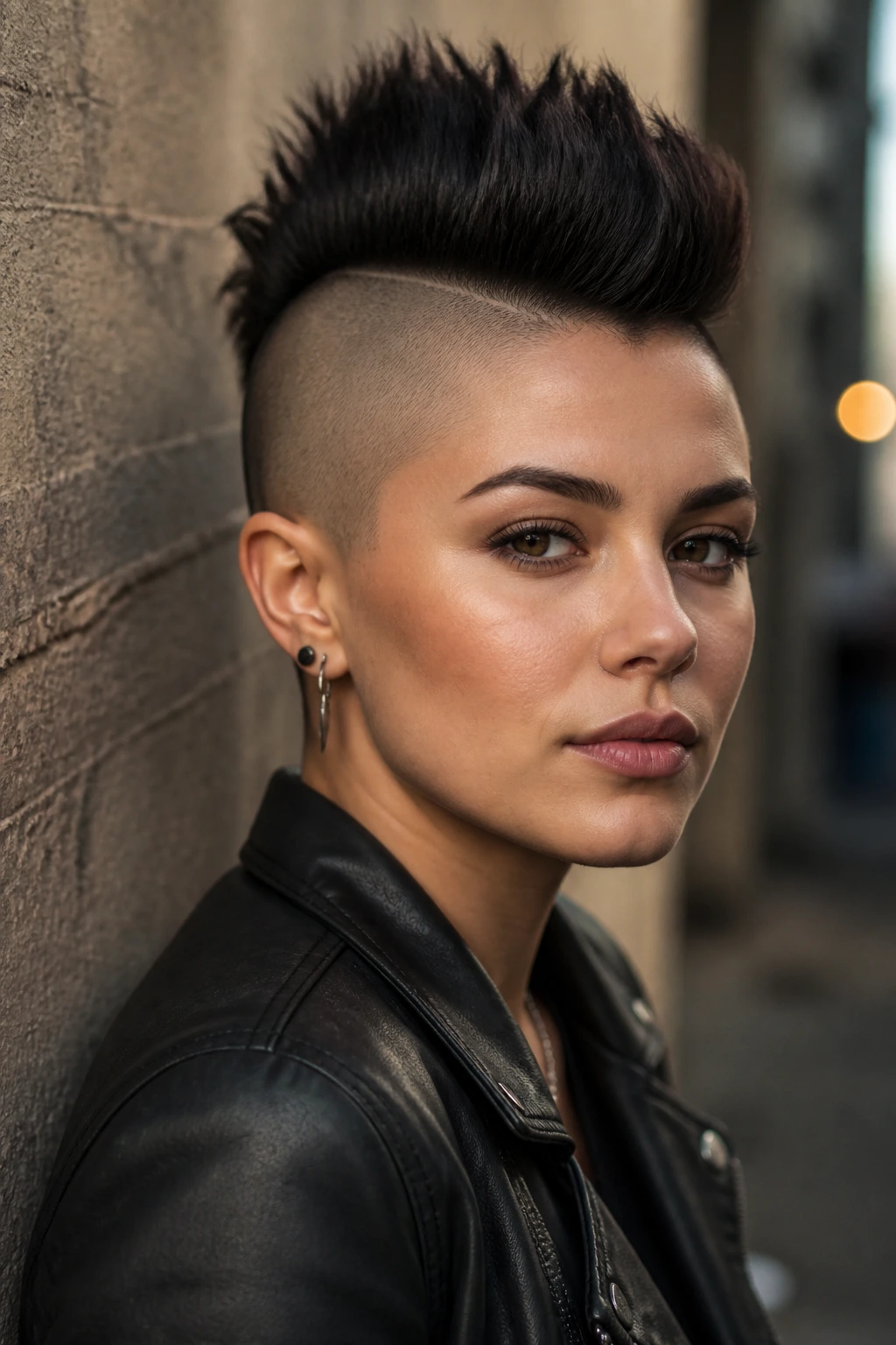Close-up portrait of a real woman with a shaved-side mohawk pixie hairstyle