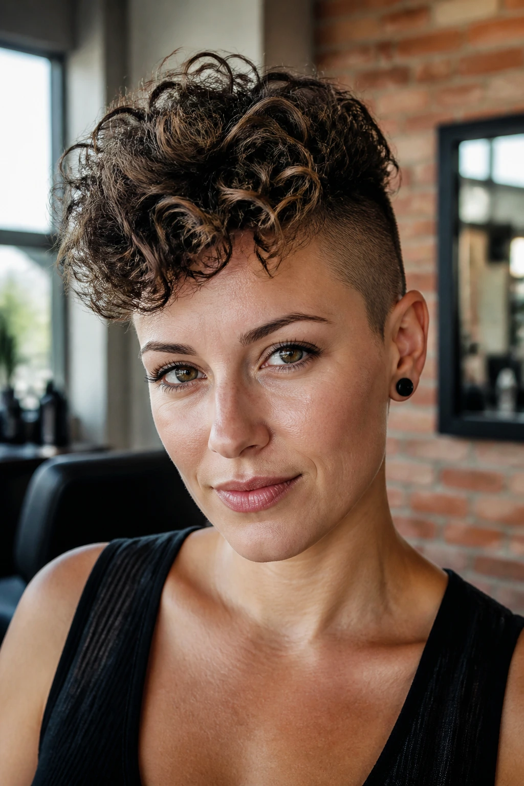 Close-up portrait of a real person with shaved sides and curly crown hairstyle in a warm salon