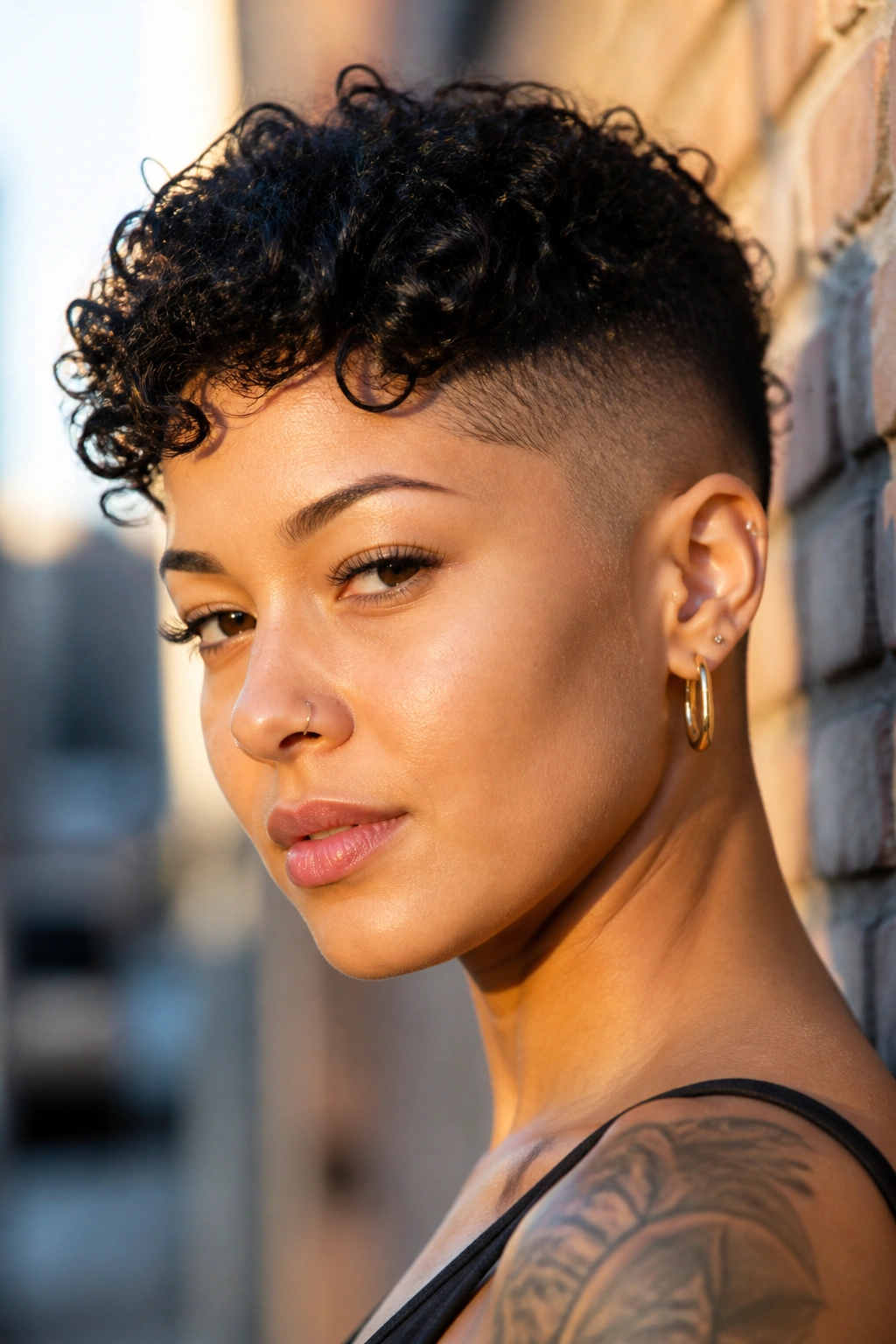 Close-up of a woman with shaved sides curly pixie against brick wall at golden hour