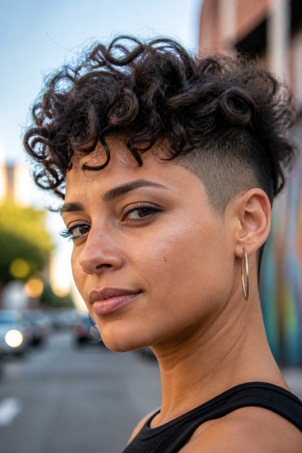 Close-up portrait of a real woman with shaved-temple curly pixie and strong contrast