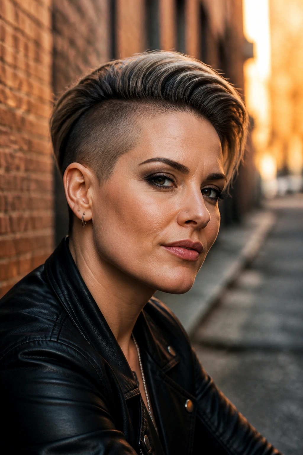 Close-up of a woman with shaved-temple pixie on brick street at dusk