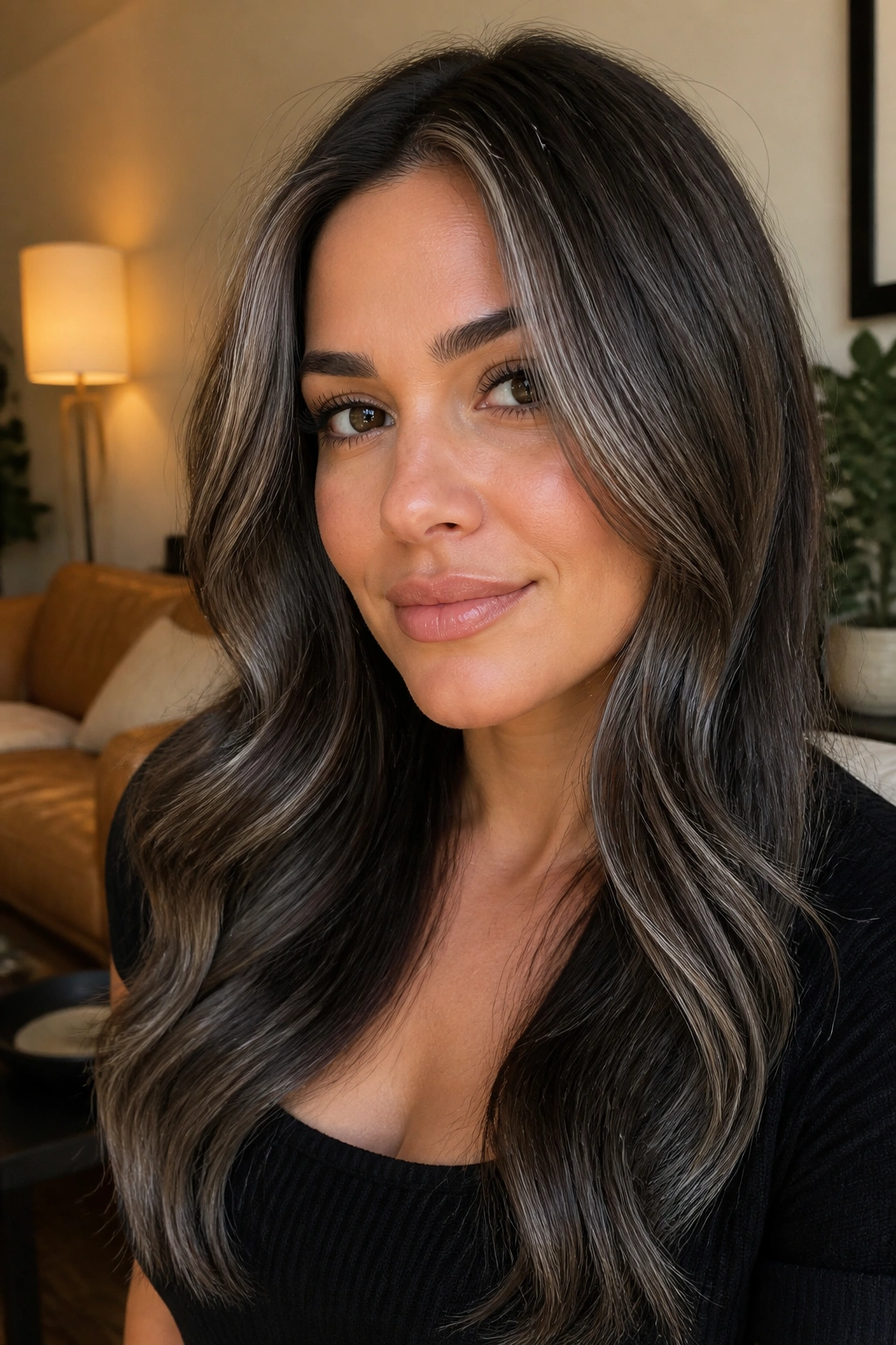 Close-up of chocolate brown hair with sheer silver gloss on highlights around the face