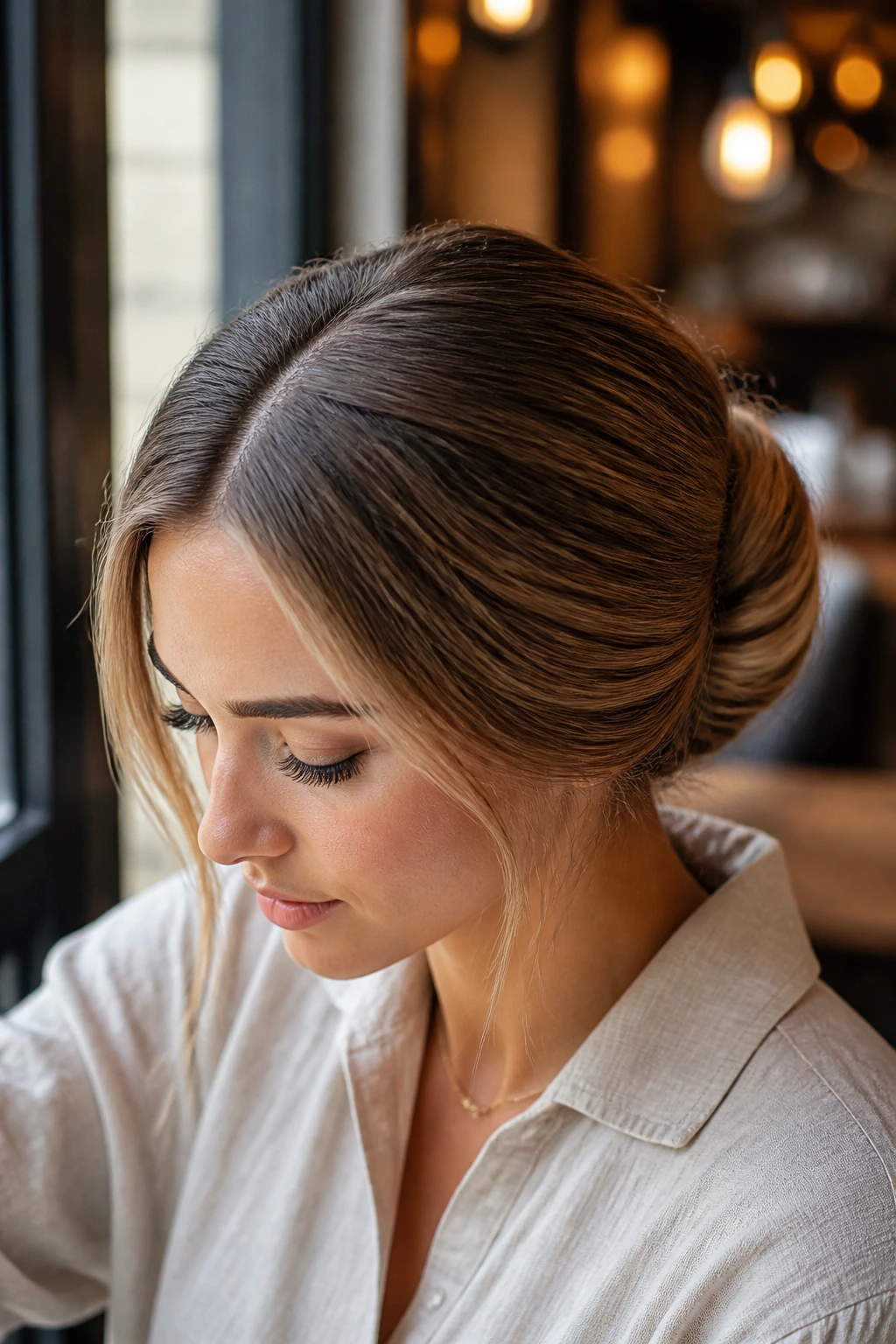 Close-up of real woman's shell bun with center part in warm cafe lighting