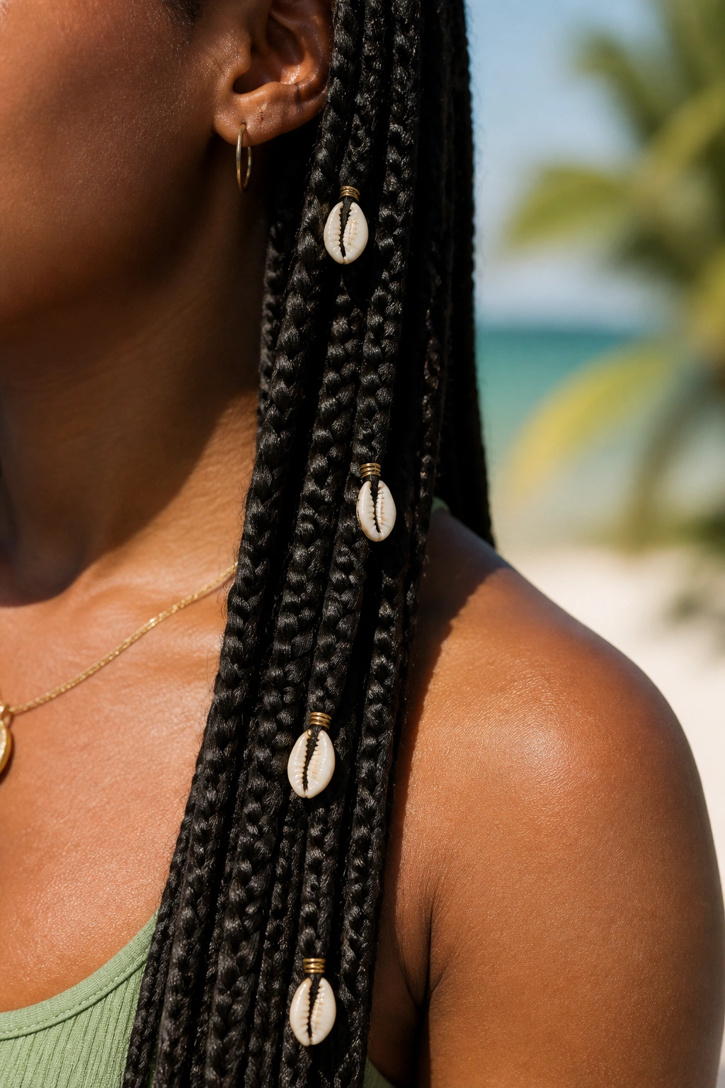 Close-up of box braids with small shell charms on a real person