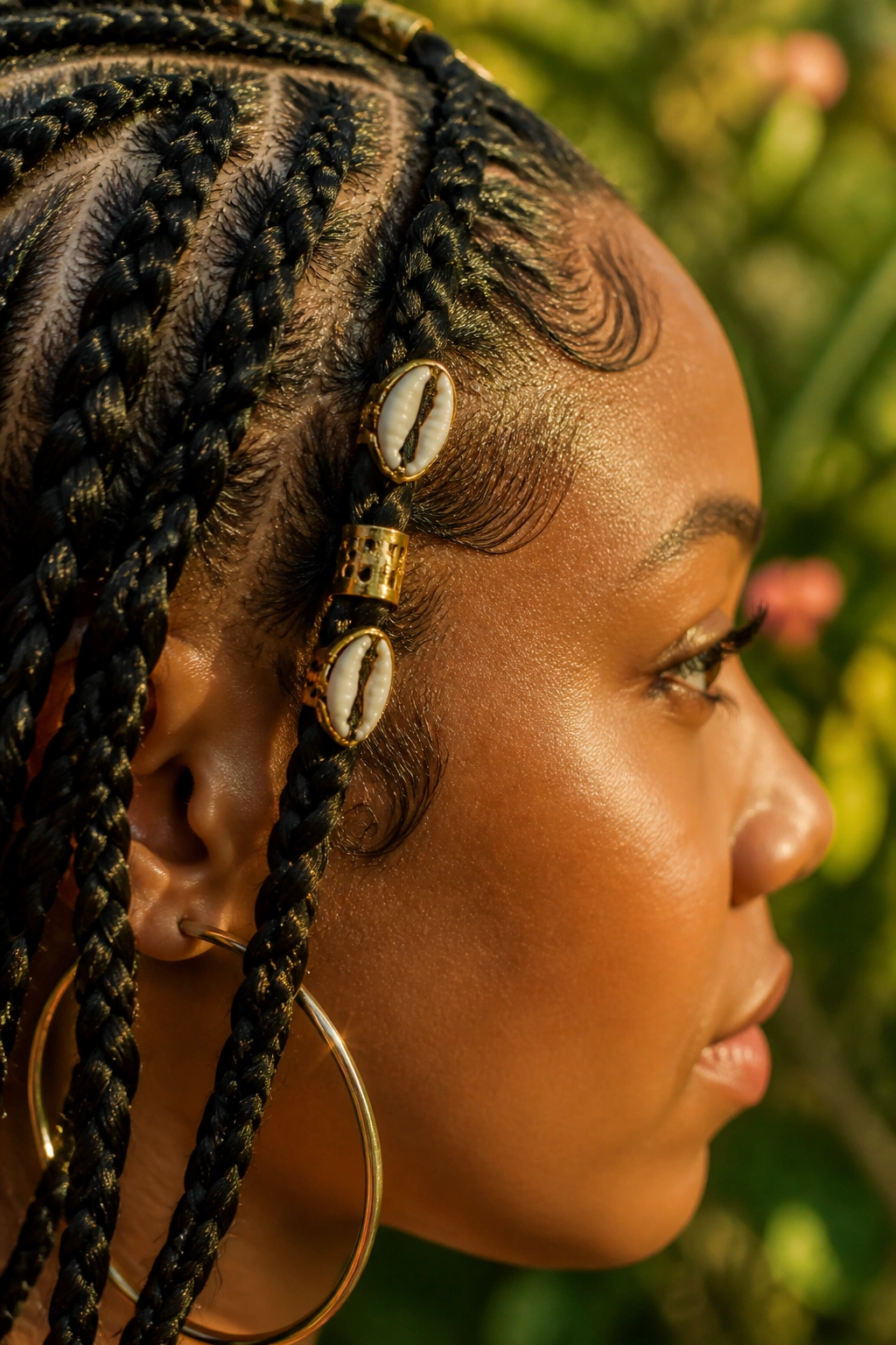 Shell-accent cuff on Fulani braid near temple