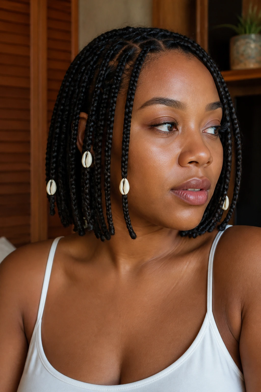 Real person with shells decorating short box braids on the ends.