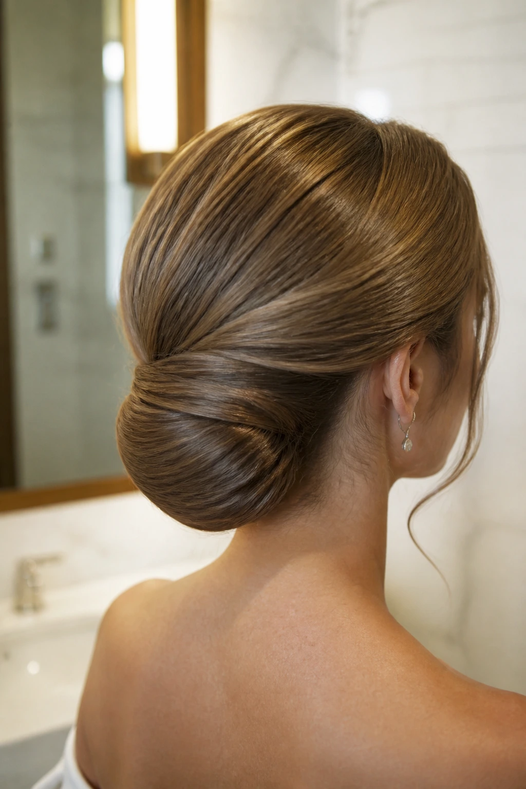 Close-up of a real woman with a shell roll at the back