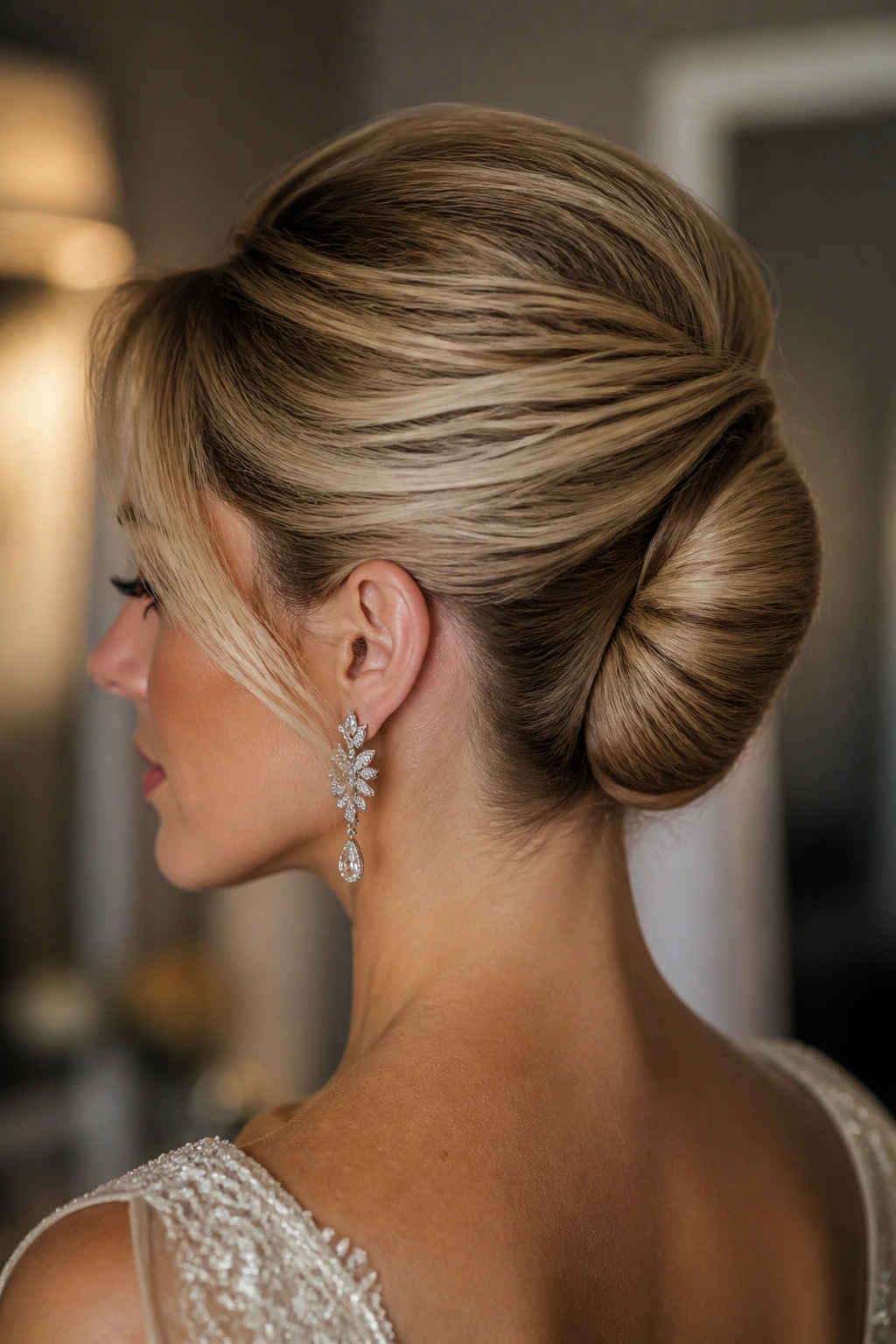 Side-profile of a woman with a shell-shaped French roll