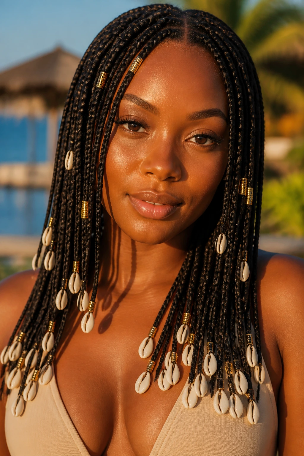 Close-up of a real woman wearing shells and gold cuffs on micro braids at the beach