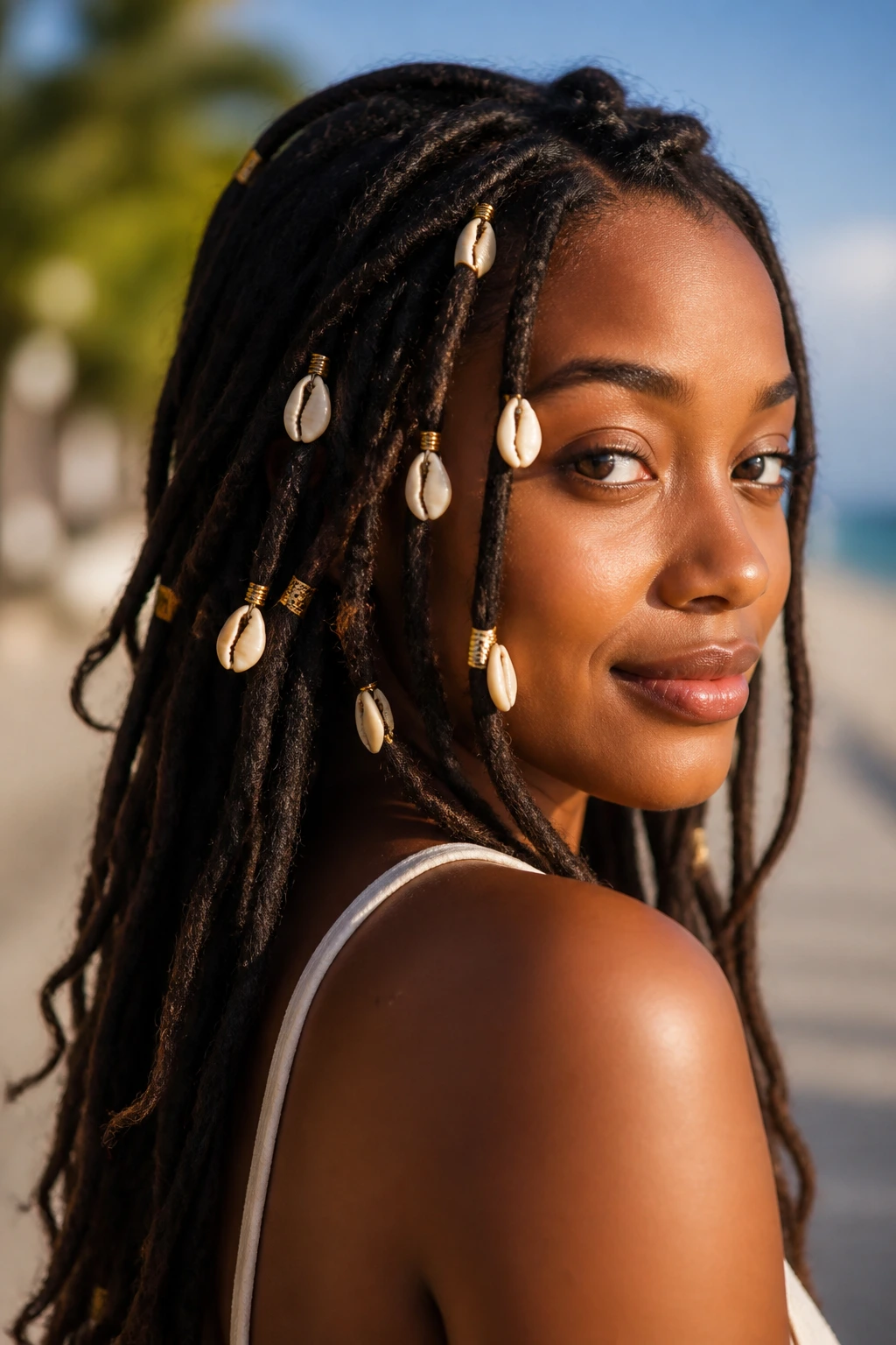 Person with shells woven into locs at the front