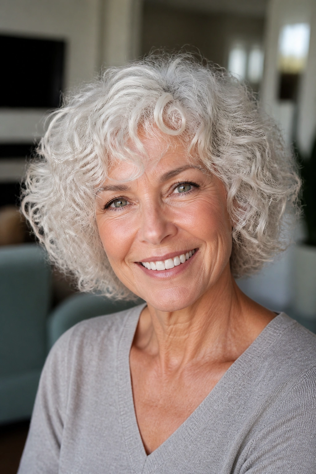 Close-up of a real woman with shimmering white curls