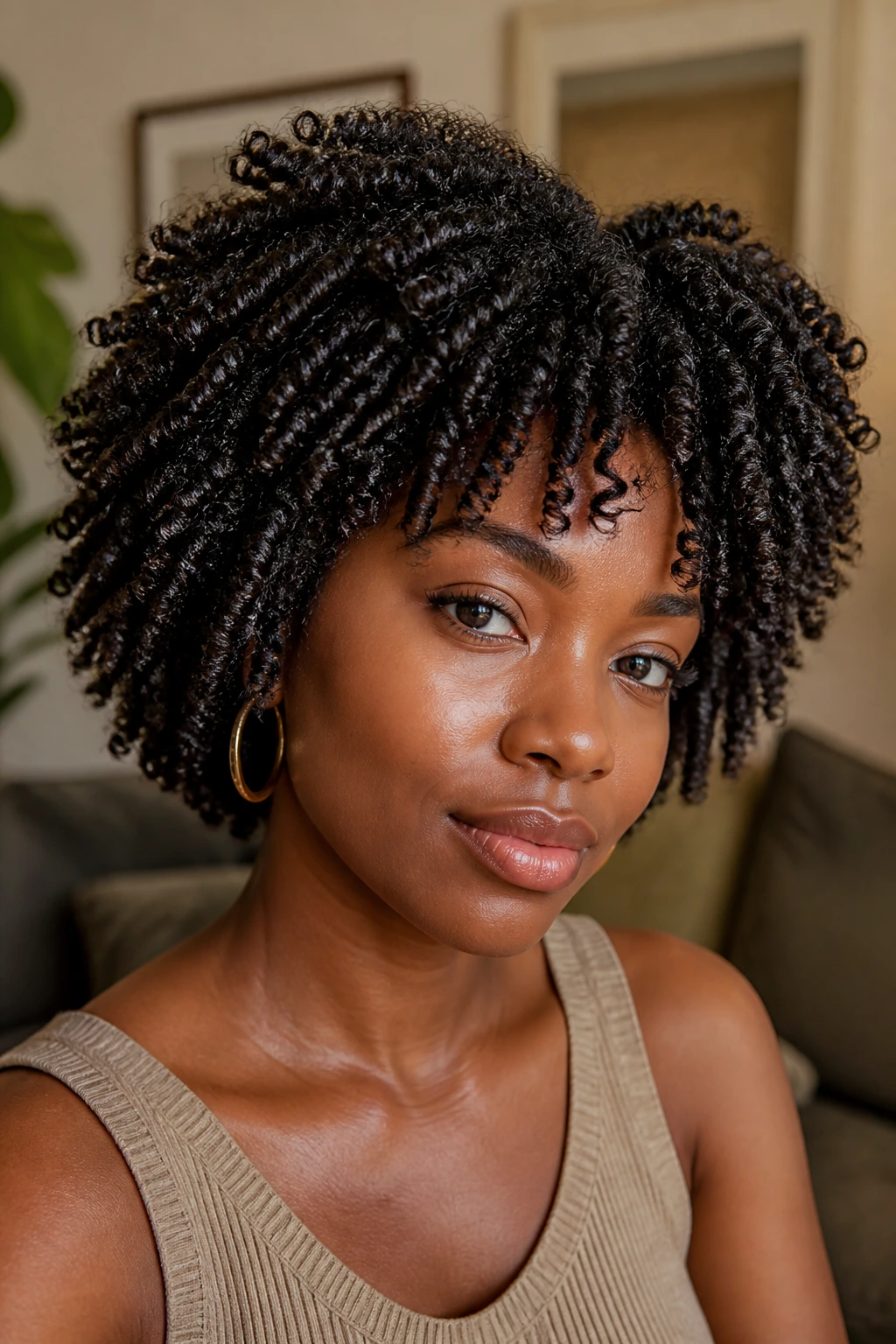 Close-up of a real woman with shingled coils in a cozy living room