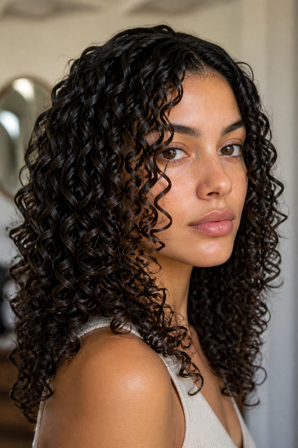 Real person with shingled curls showing defined curl clumps