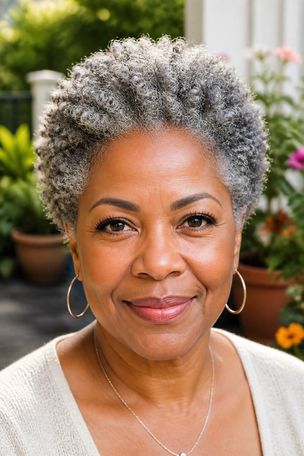 Close-up of a woman with short afro and silver definition in bright light