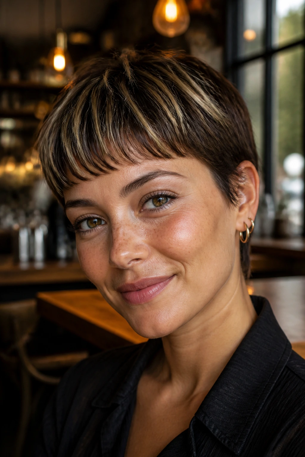 Close-up of a real woman with short bangs and gold and cocoa streaks