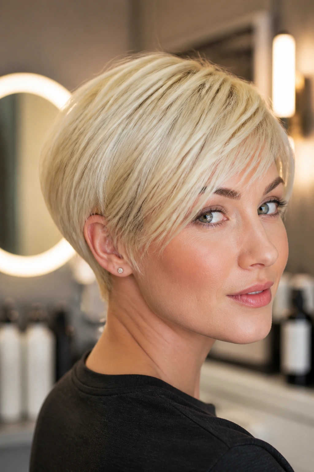 Close-up portrait of a real person with short blonde hair in soft lighting