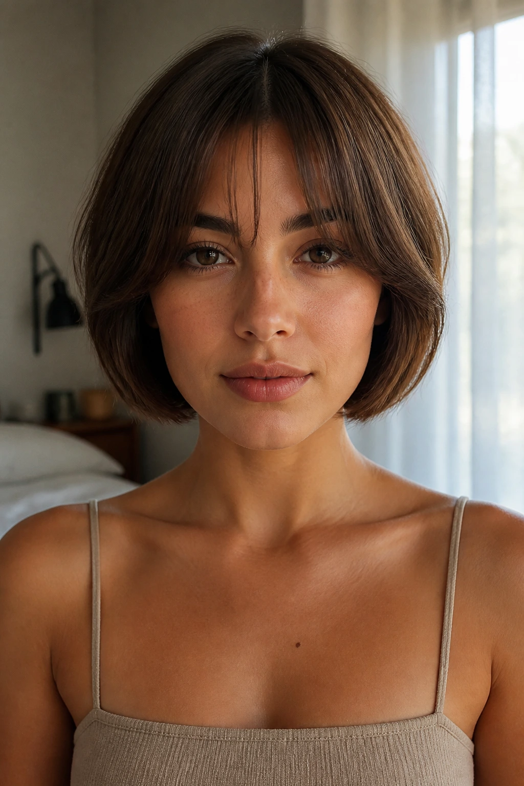 Close-up portrait of a real woman with a short bob and curtain bangs