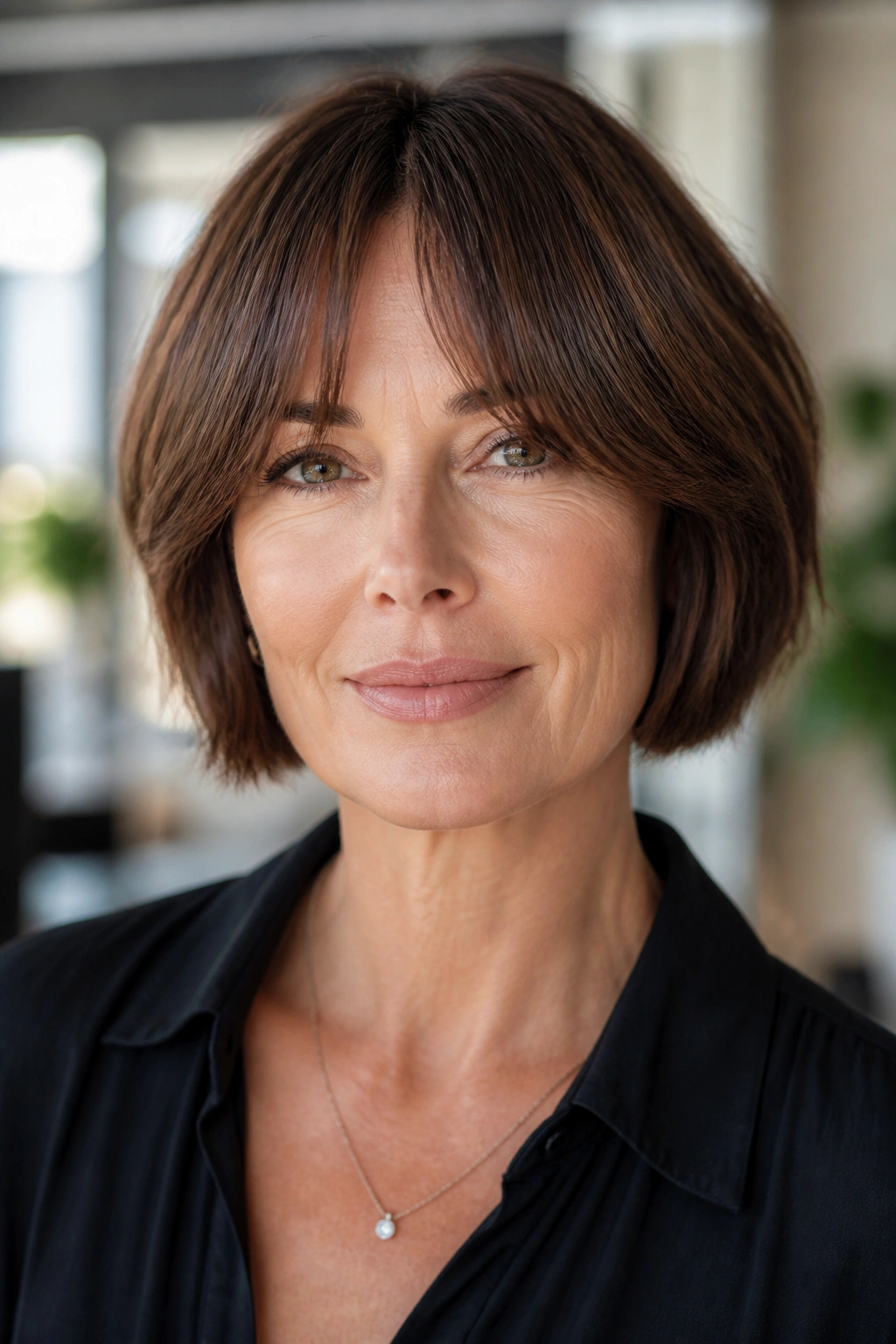 Real woman with short bob and curtain bangs