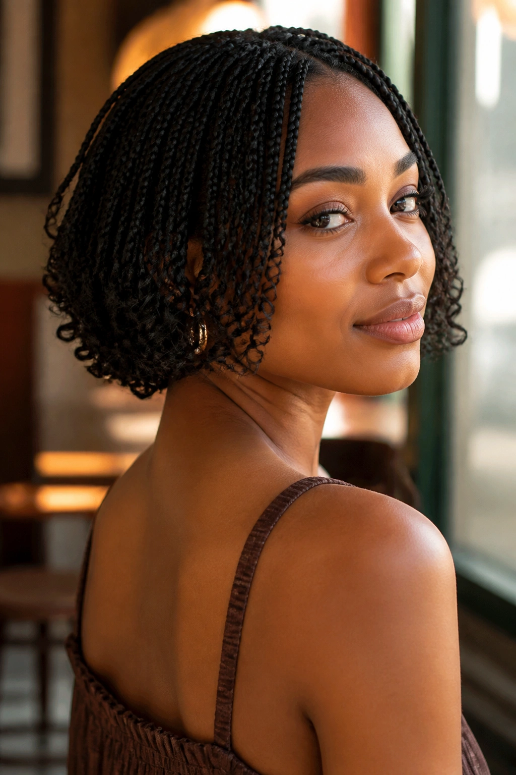 Close-up of a real woman with a short nape-hugging bob and airy curls