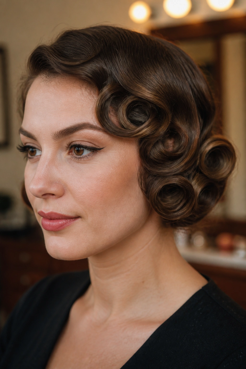 Close-up of a real woman with short bob and tucked pin curl ends
