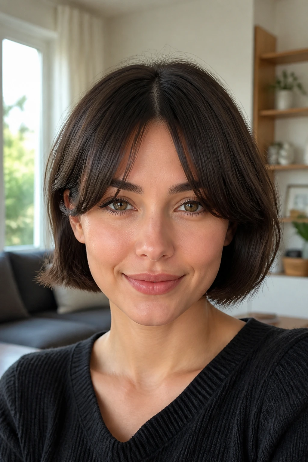 Portrait of woman with short bob and split bangs