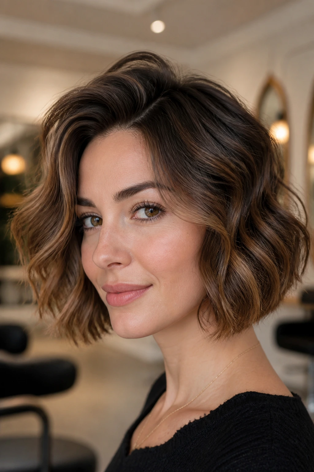 Close-up of a woman with a lifted, wavy chin-length bob