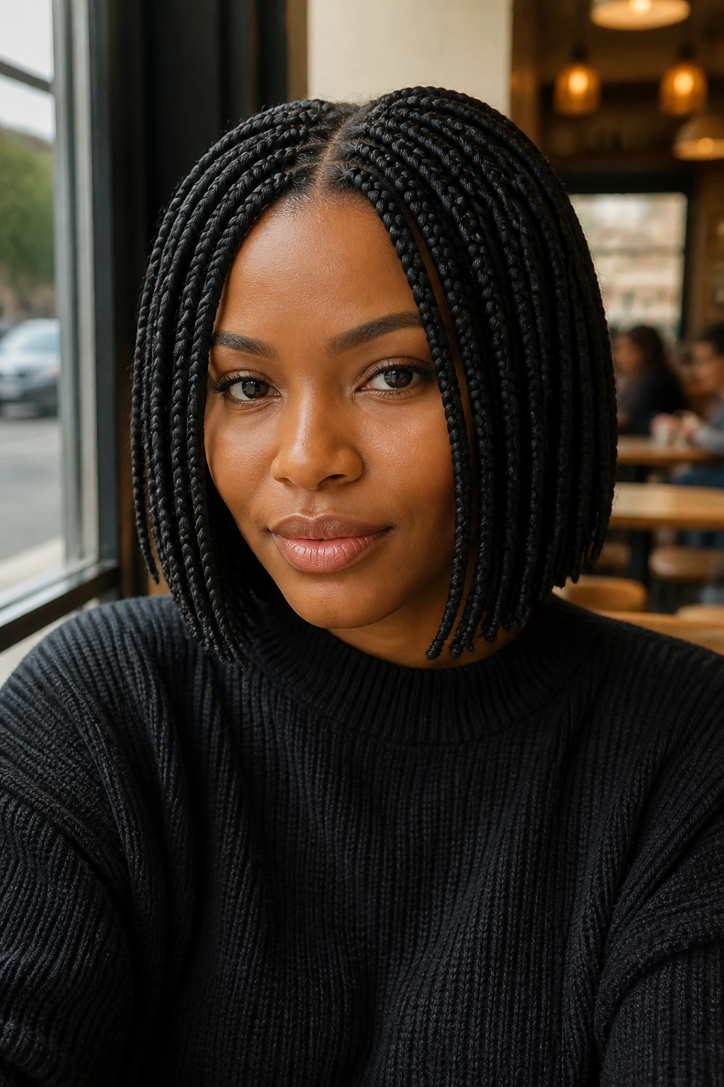 Close-up of a real woman with a clean middle-part short box braids bob in cafe daylight