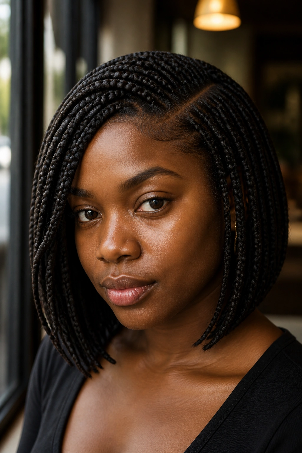 Real woman with a deep side part in short box braids