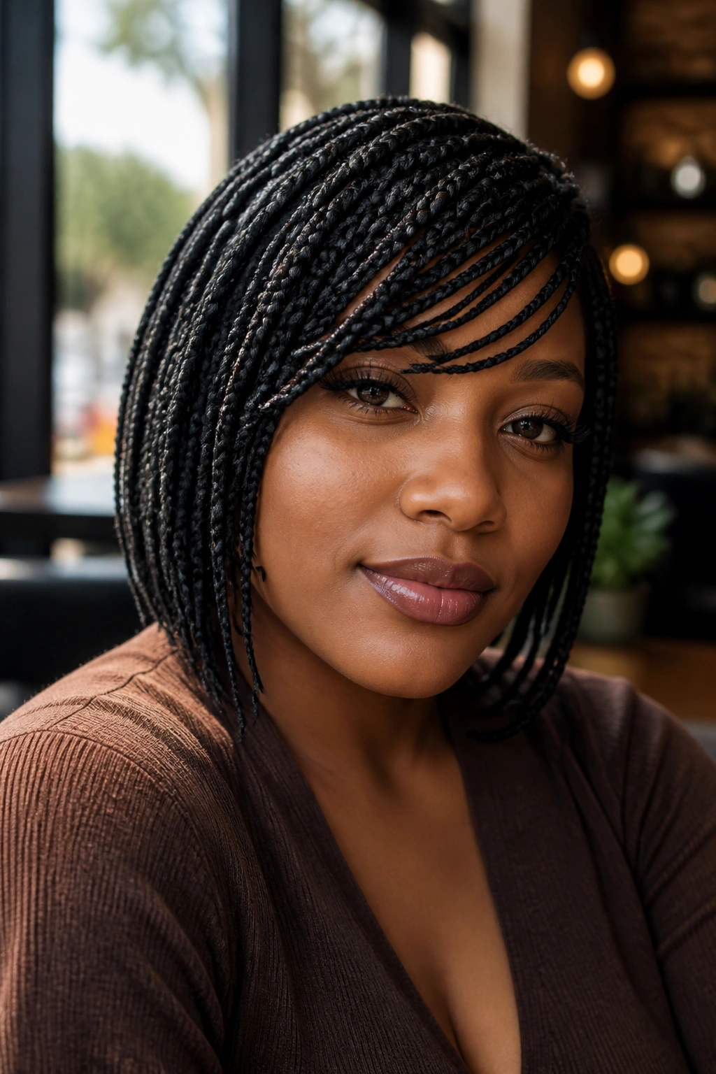 Close-up of a real woman with short box braids and a side-swept fringe across one brow in natural light.