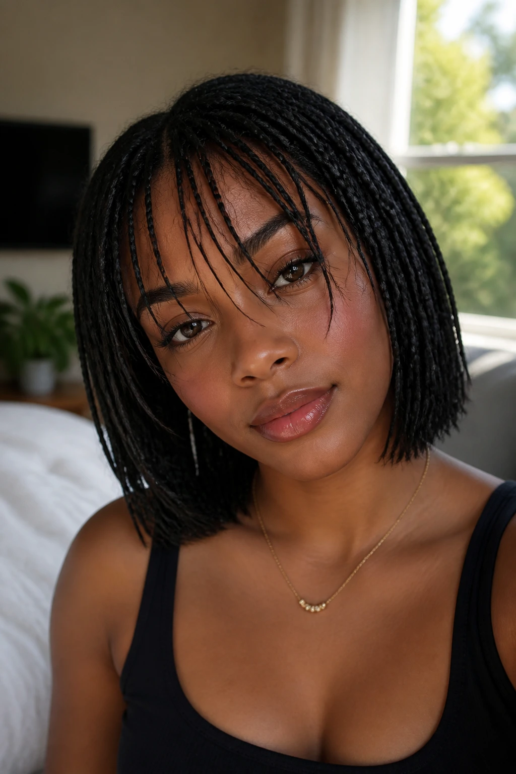 Close-up of a woman with wispy fringe and short box braids in soft room light