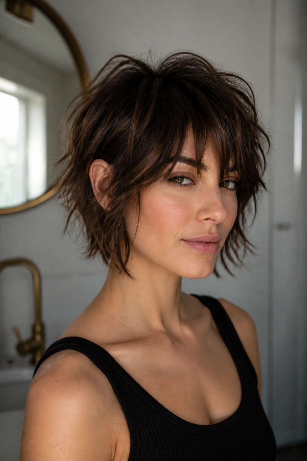 Close-up portrait of a real woman with a textured short choppy shag bob in soft bathroom light