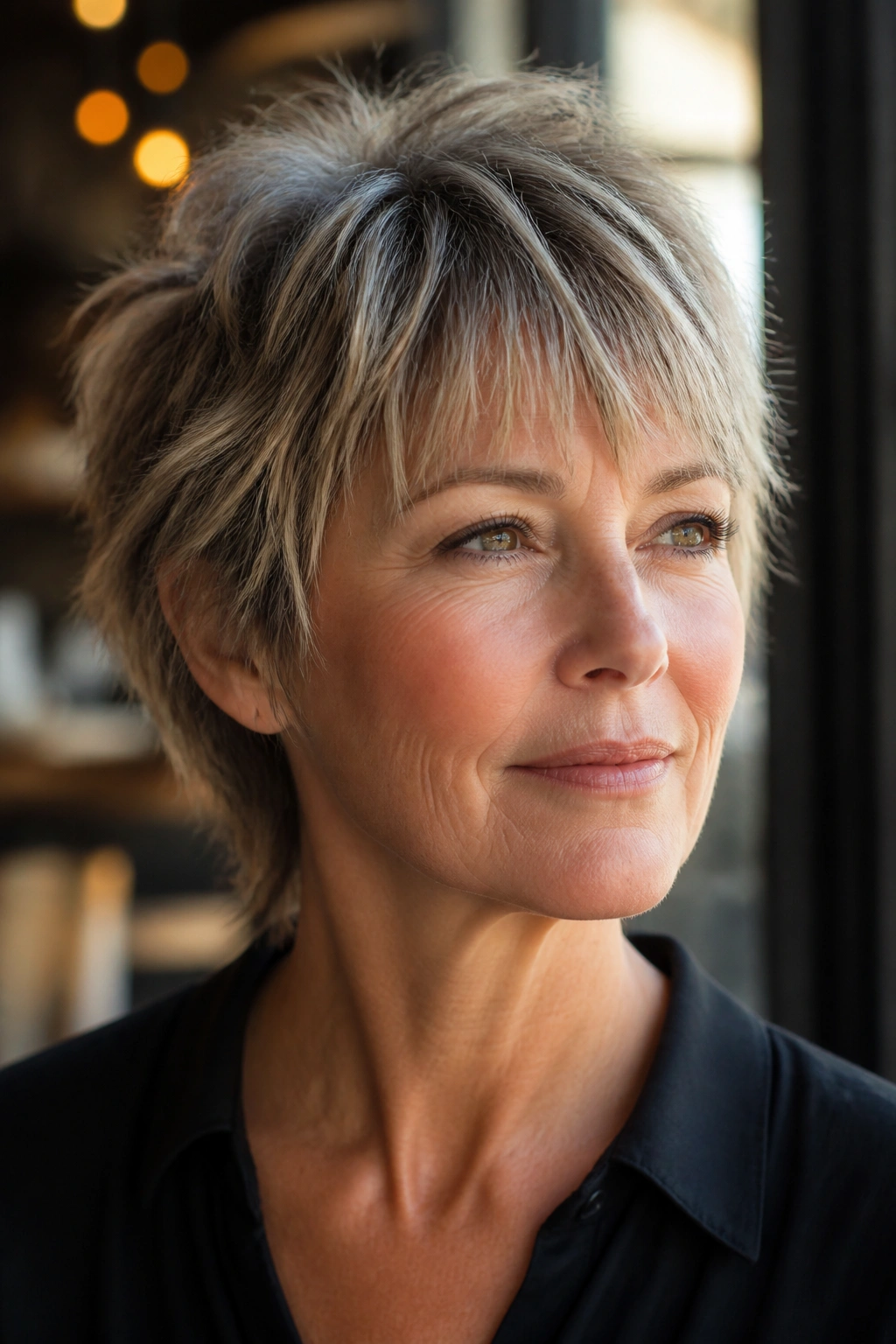 Close-up of a real woman with short choppy shag and wispy bangs in cafe window light