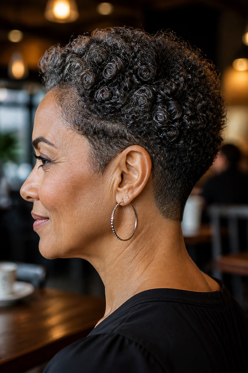 Real woman with short coils and tapered nape in chic cafe setting