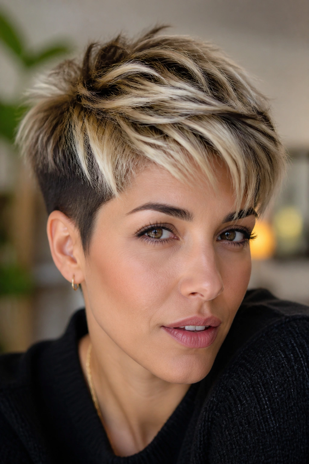 Close-up of a short brown crop with bright blonde sections
