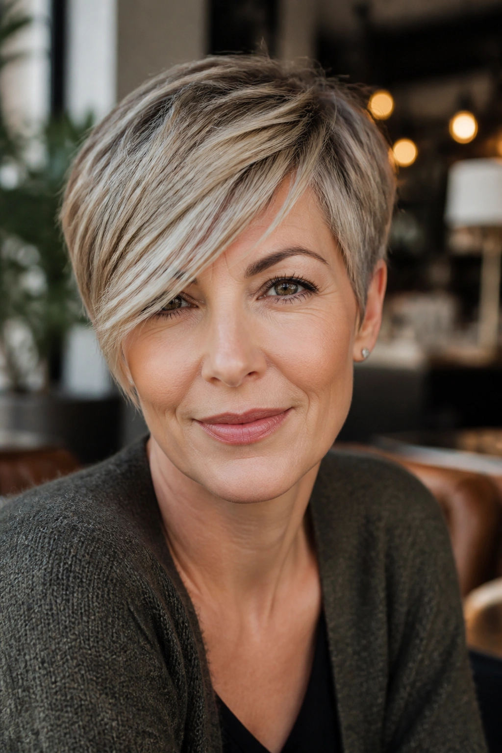 Close-up of a woman with a short crop and long fringe