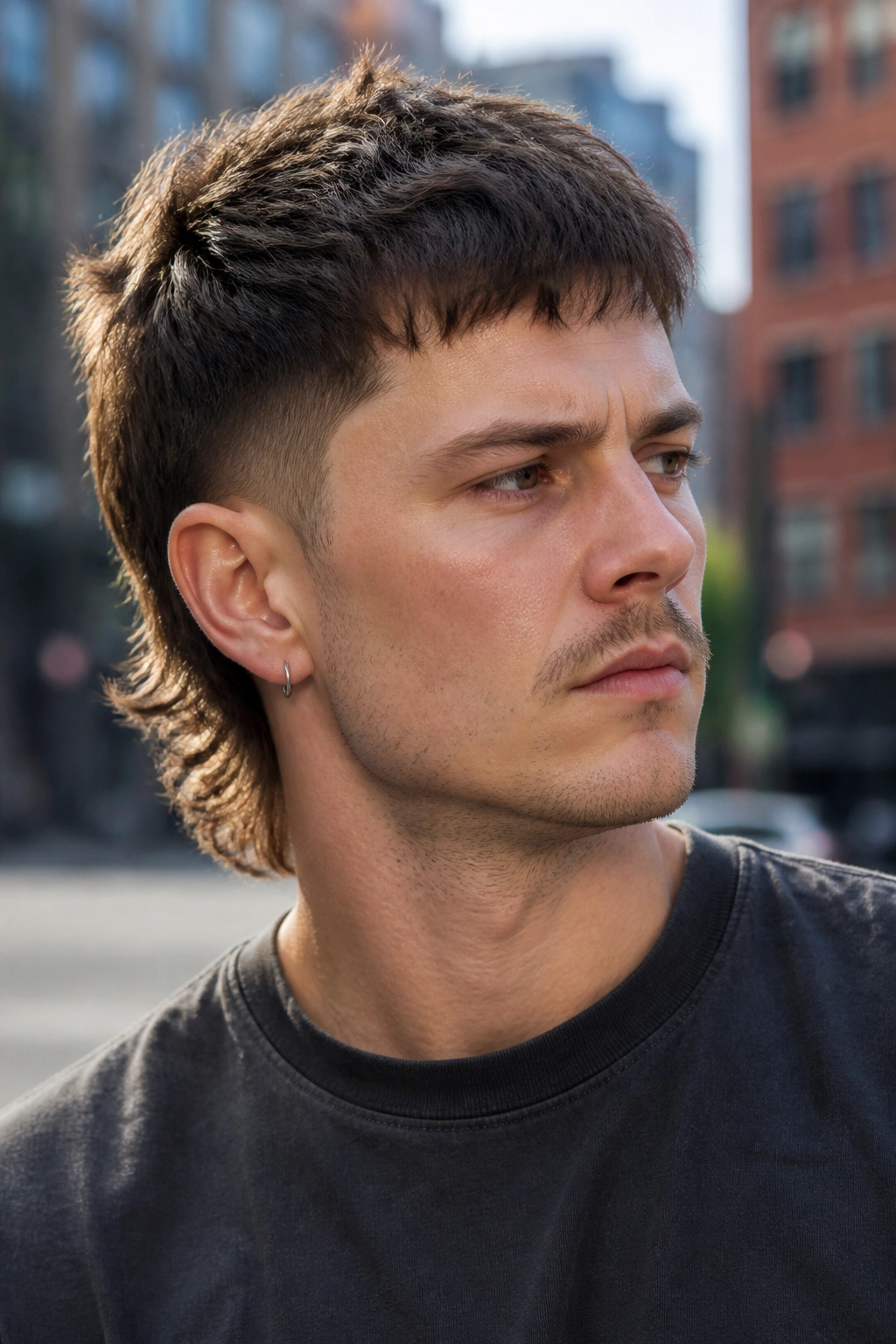 Close-up portrait of a real man with a short crop mullet in an urban street setting