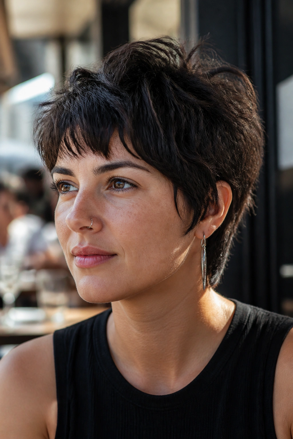 Close-up of a woman with a short crop shag and textured crown, in a cafe setting.