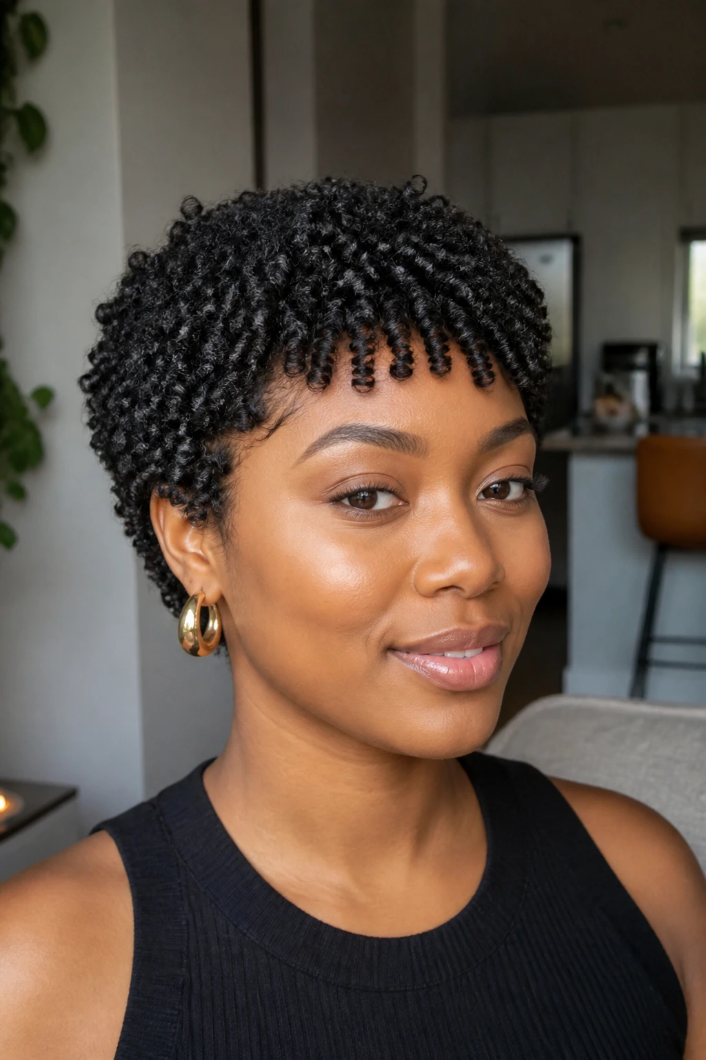 Real woman with short cropped bangs on tight curls in a bright apartment